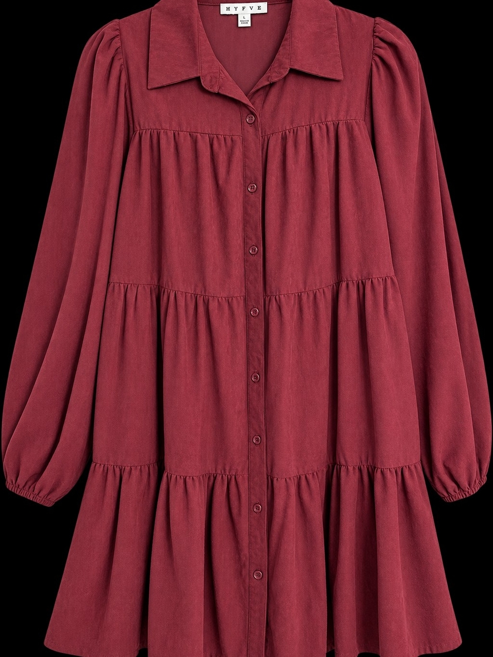 HYFVE Wine Burgundy Tiered Button-Front Shirt Dress